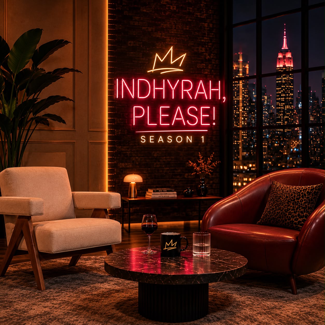 Indhyrah, Please! Season 1 cover — neon sign in a night-time New York studio set